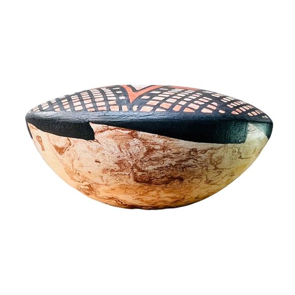 Mata Ortiz Mexico Seed Pot Olla SIGNED Miniature Handmade Black Squares Red Star - Picture 7 of 11